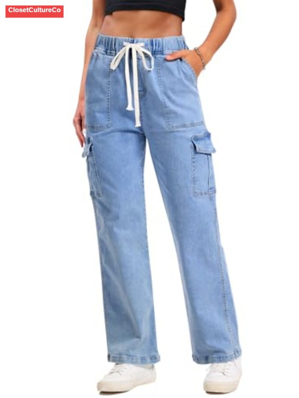 Women's Cargo Jeans Stretchy Baggy Drawstring Denim Pants